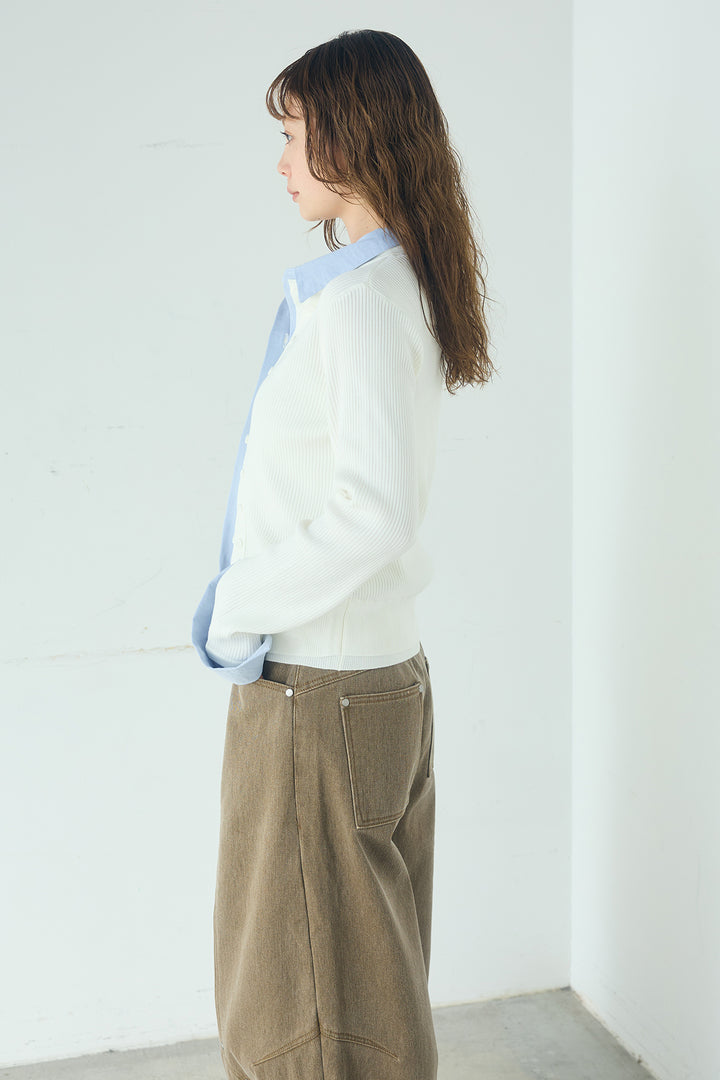 [SET]シャツドッキングボタンニットカーディガン+異素材切り替えスウェットパンツ(2set)