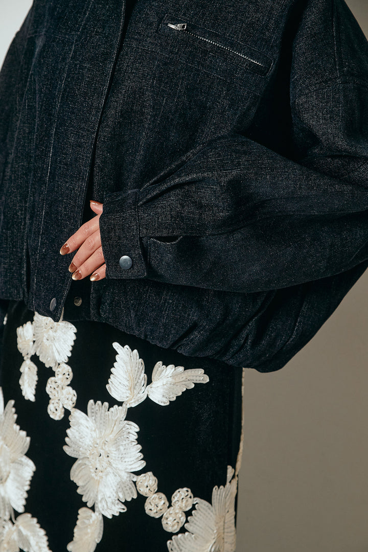 [SET]デニム調ハイネックブルゾン+フラワー刺繍ワイドスカート(2set)