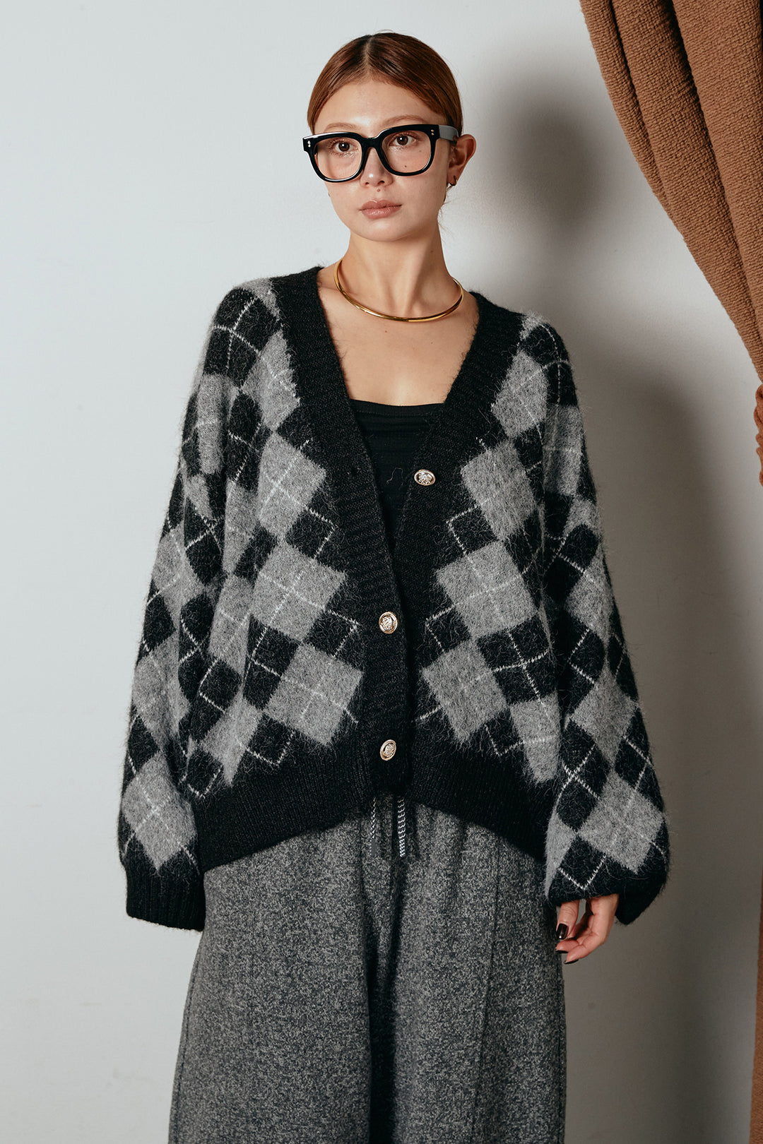 オーバーサイズ総柄Vネックニットカーディガン