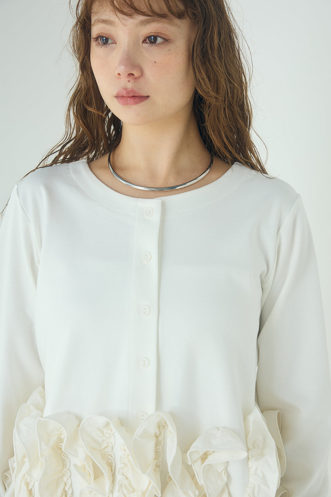 異素材フリル＆ポンチ前後2wayカーディガン