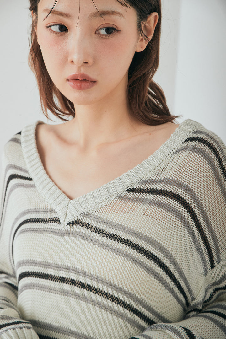 [SET]綿タッチVネックボーダートップス+デニムヨークパンツ(2set)