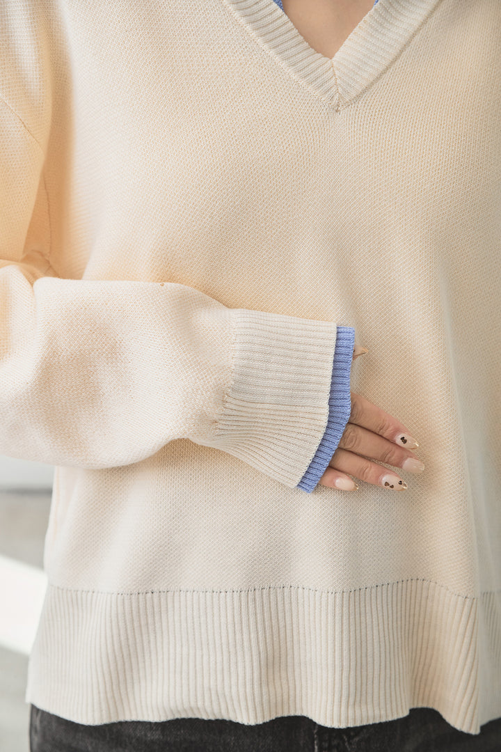 [SET]バイカラーニットレイヤード風プルオーバー+サイドベルトタック入りスラックス(2set)