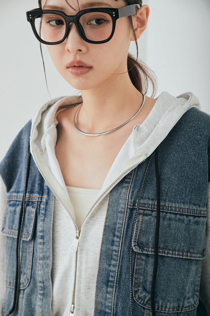 [SET]デニム切替ポンチダブルジップパーカー+ボリュームシルエットチュールスカート(2set)