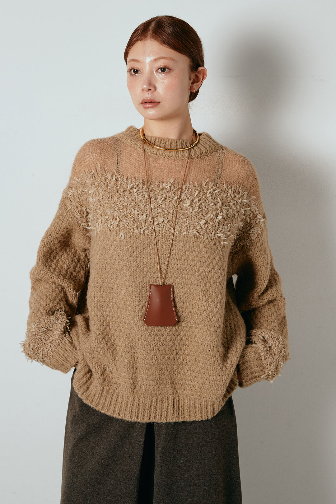 [SET]パターンランダム編みニットトップス+グレンチェック柄フロントジップタイトスカート(2set)