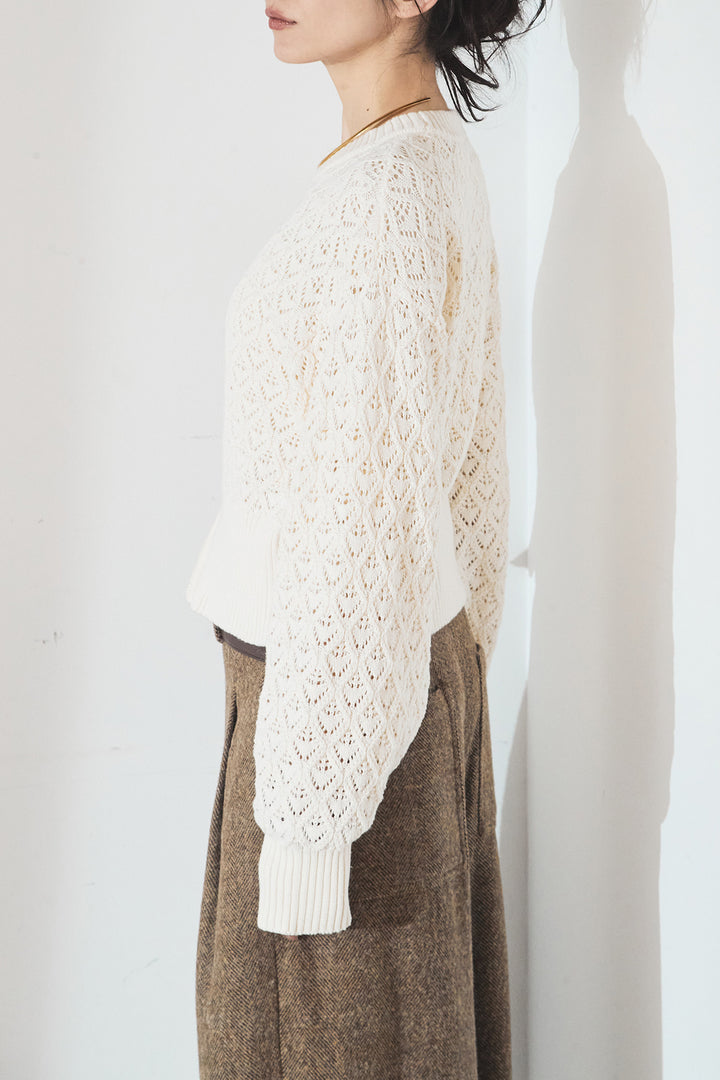 [SET]透かし編みニットジップスリットプルオーバー+ウールタッチカーブワイドパンツ(2set)