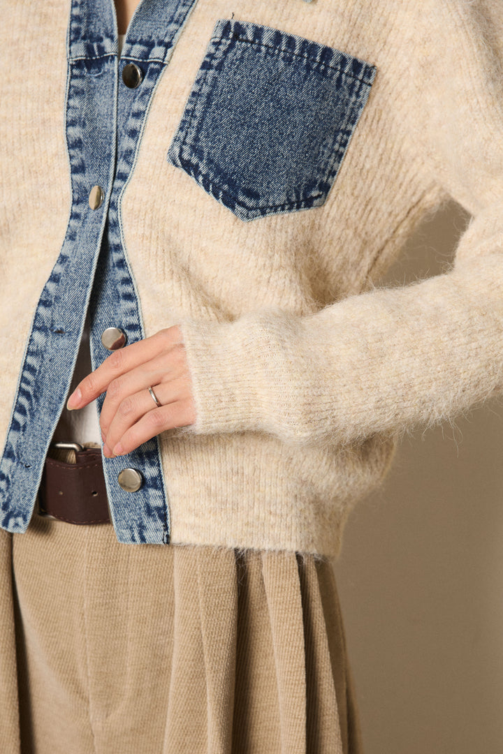 [SET]襟付きデニム切替ニットカーディガン+裏起毛スウェットワイドパンツ(2set)