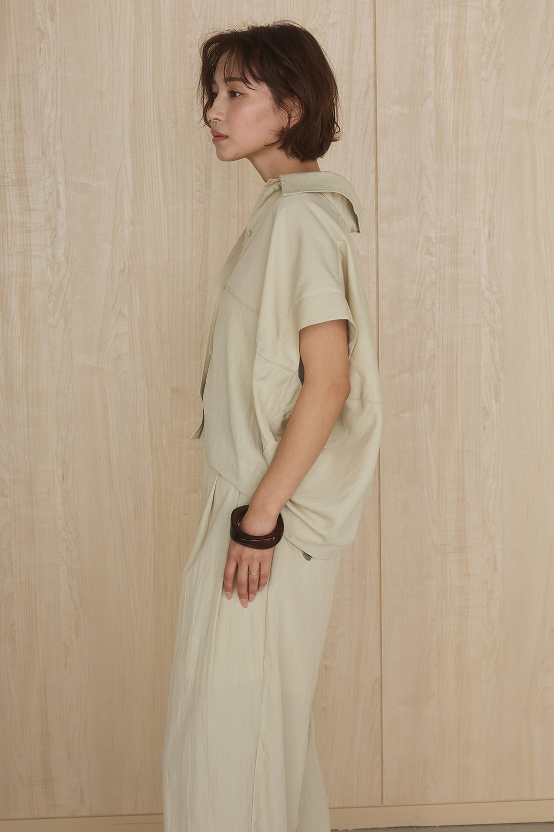 [SET]リネンライクランタンノースリシャツ+リネンライク2タックワイドパンツ(2set)