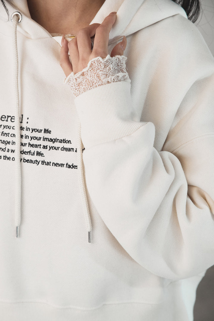 [SET]裏起毛レタリング刺繍フーディショートプルオーバー+ストレッチレースクルーネックインナー+裾レースデザインサテンスカート(3set)