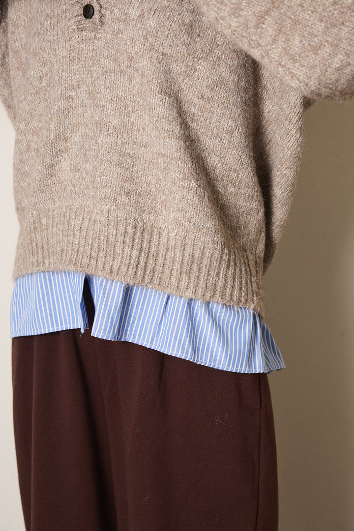 [SET]ストライプシャツドッキングニットポロトップス+ベルト付きレザーライクタックパンツ(2set)