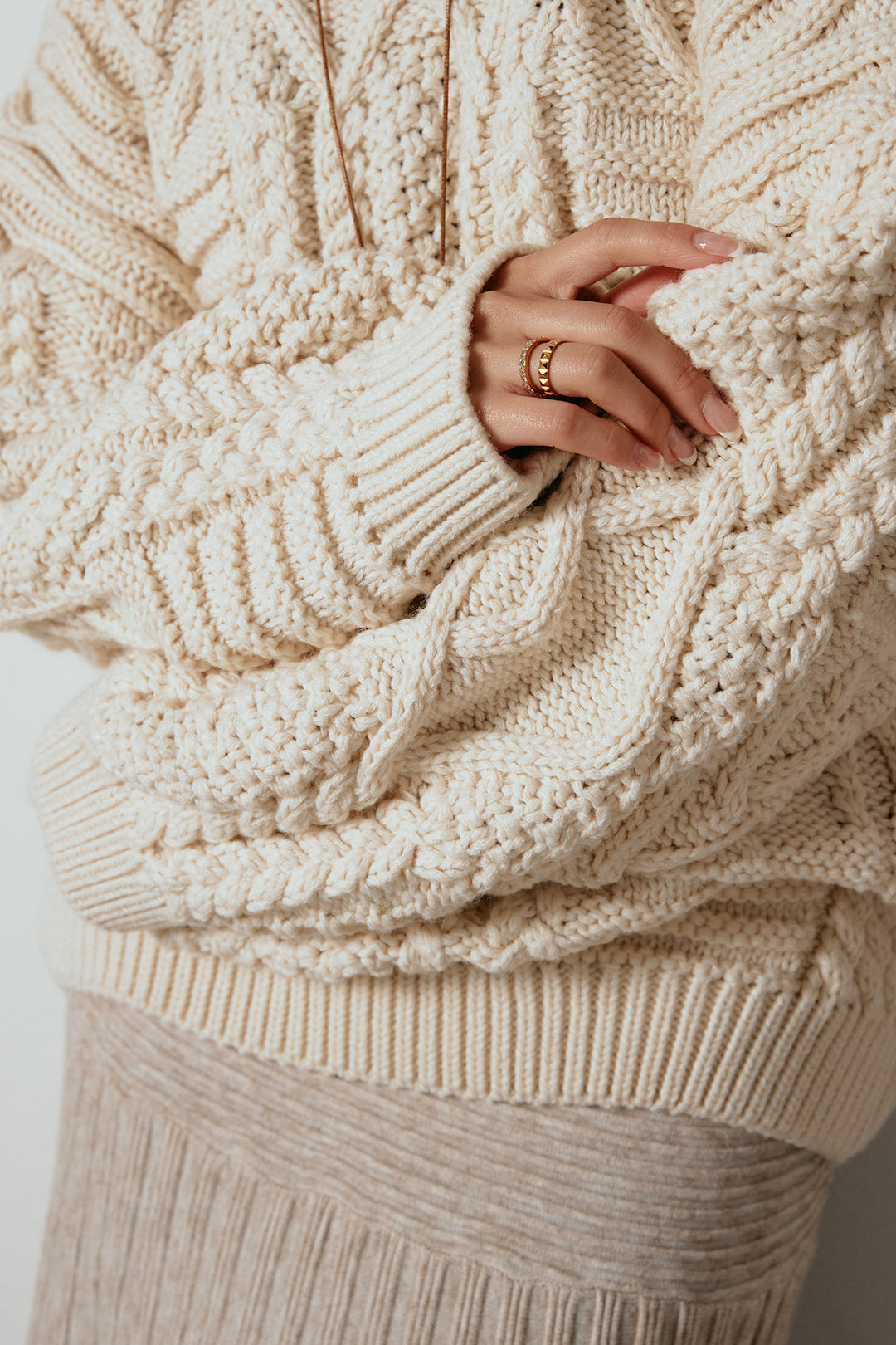 [SET]アラン柄ミックスケーブルニット+サイドボタンツイードタックパンツ(2set)