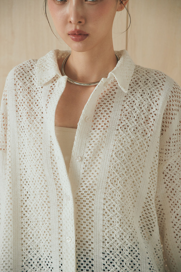 [SET]長袖襟付きレースシャツ+ドロストサイドラインデニムパンツ(2set)