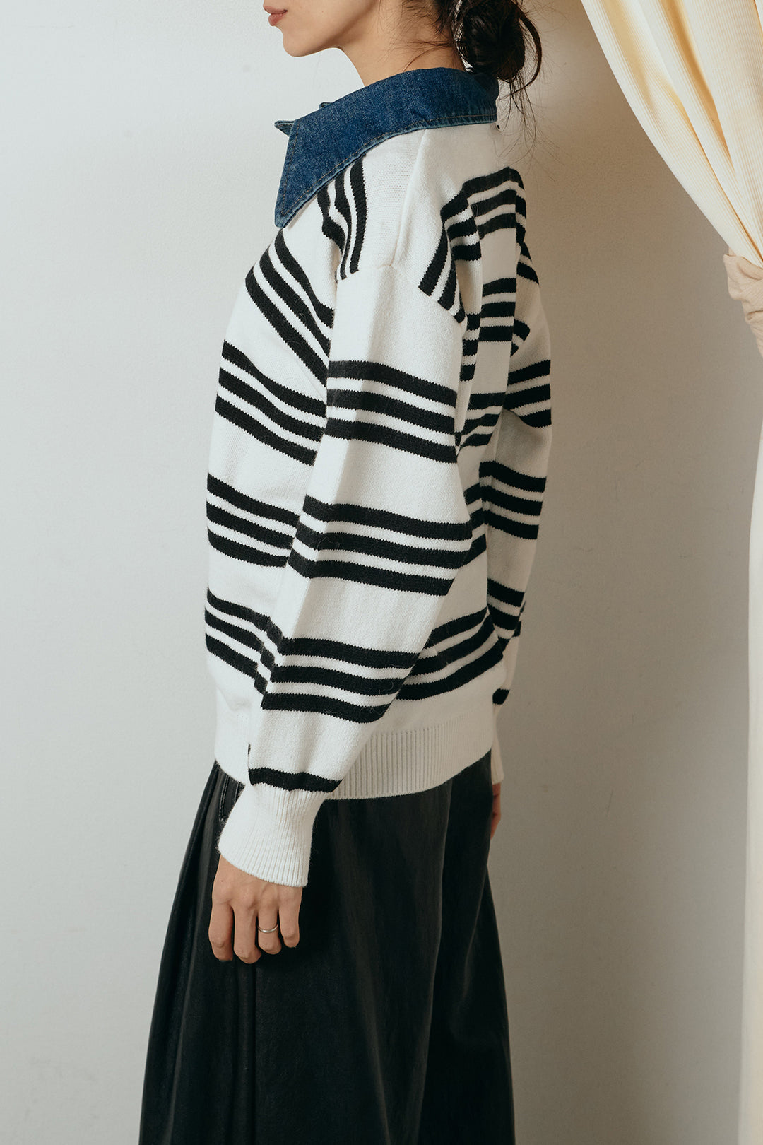 [SET]デニムレイヤード風ランダムボーダーニットプルオーバー+エコスウェードワイドスカート(2set)