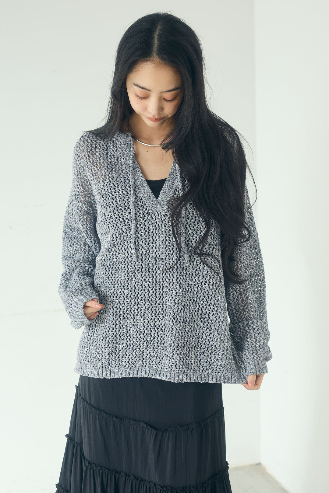 [SET]ミックスメッシュキーネックプルオーバー+シアーチュールレイヤードワイドパンツ(2set)