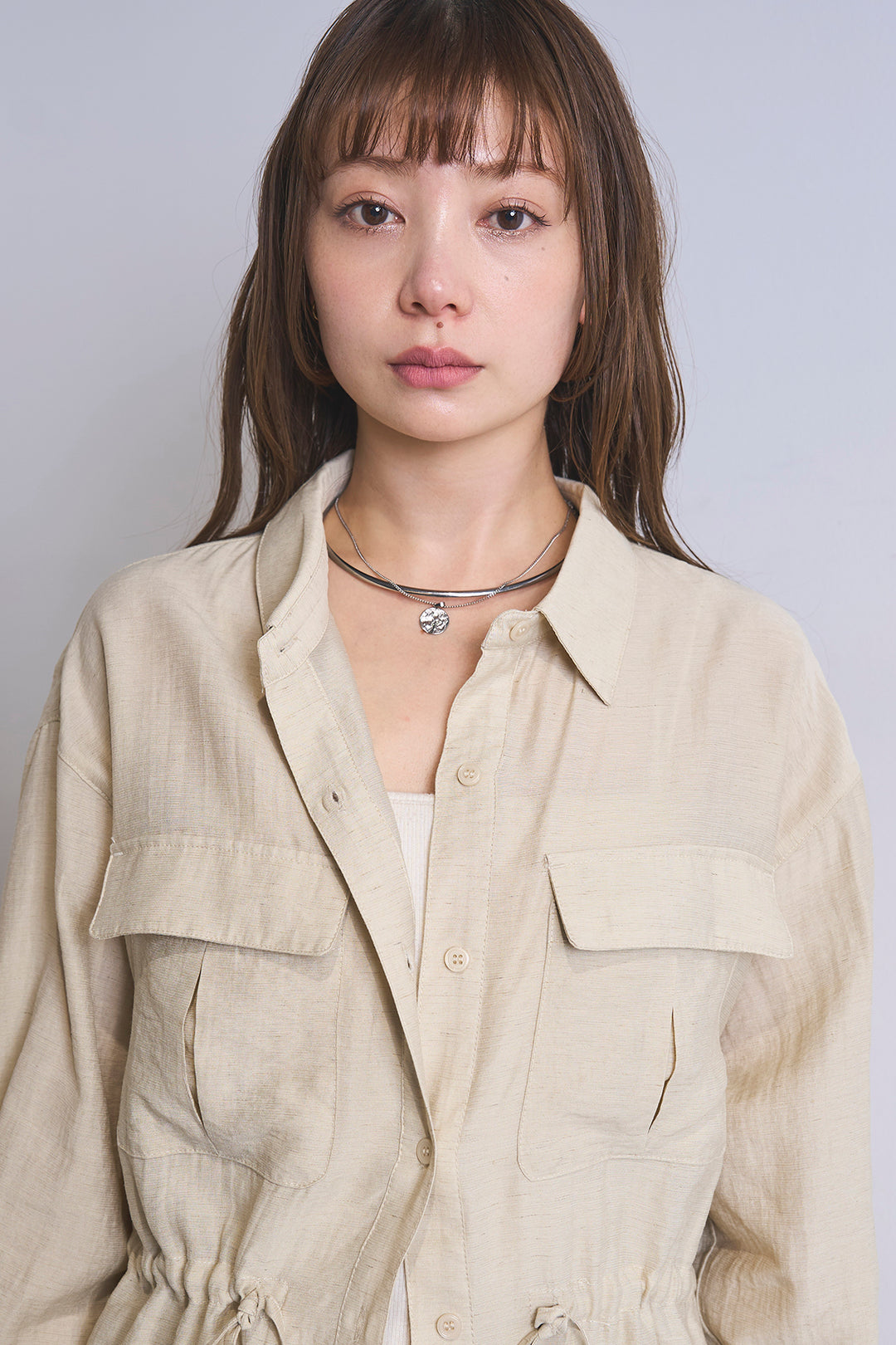 [SET]リネンブレンドシアーサファリシャツ+リラックスプリーツスカート(2set)