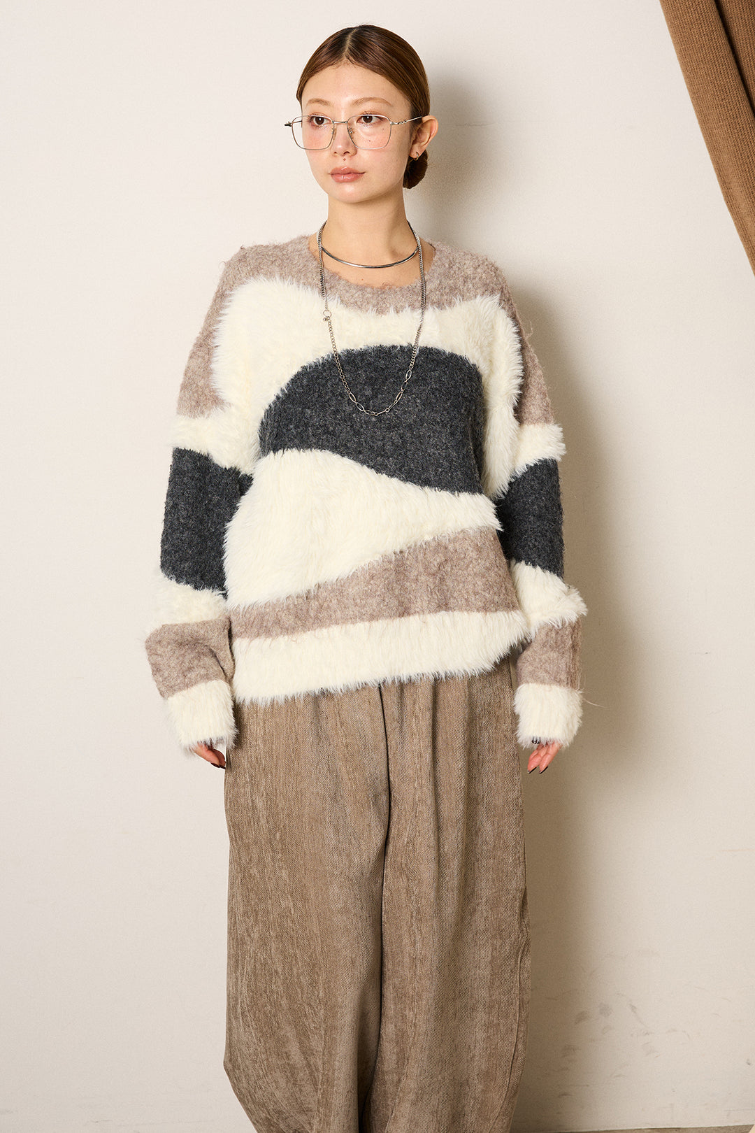 [SET]シャギーウェーブ柄クルーネックニットトップス+かすれデザインワイドパンツ(2set)