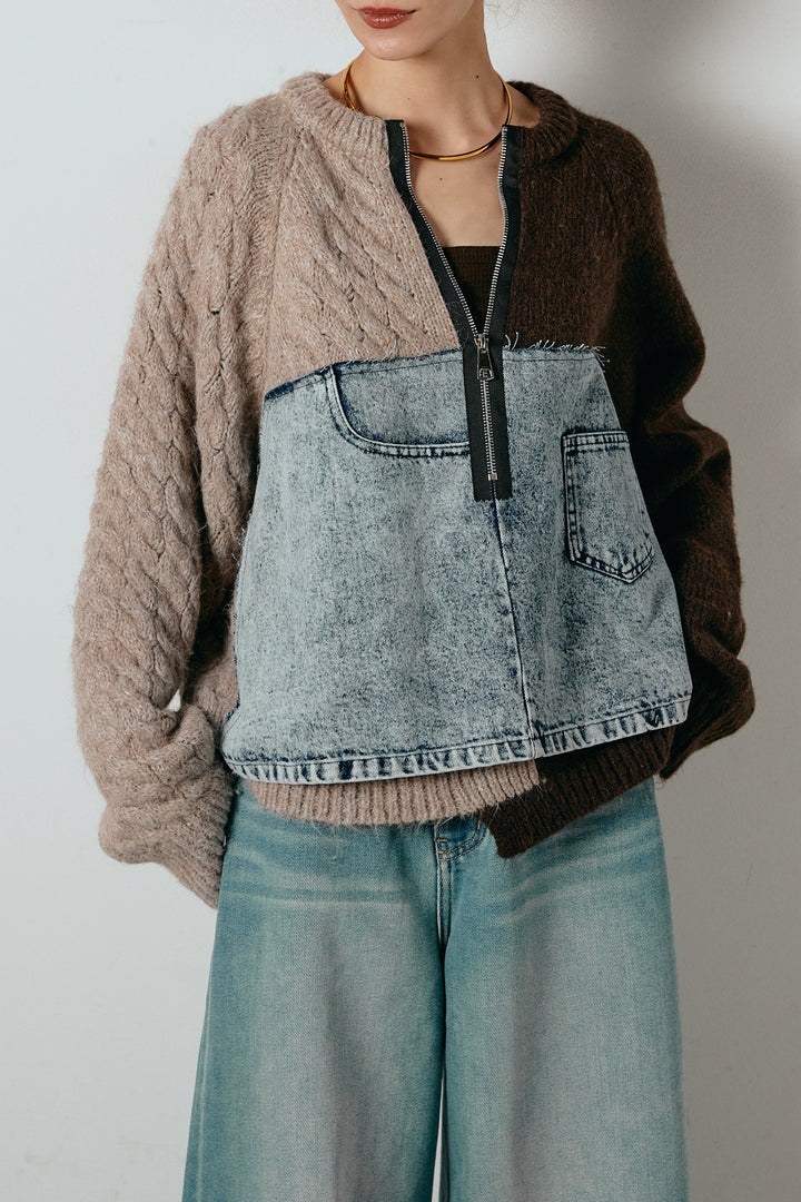 ハーフジップニットデニムドッキングトップス