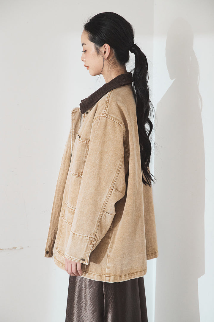 [SET]襟コーデュロイジップデニム調カバーオール+レオパードサテンナロースカート(2set)