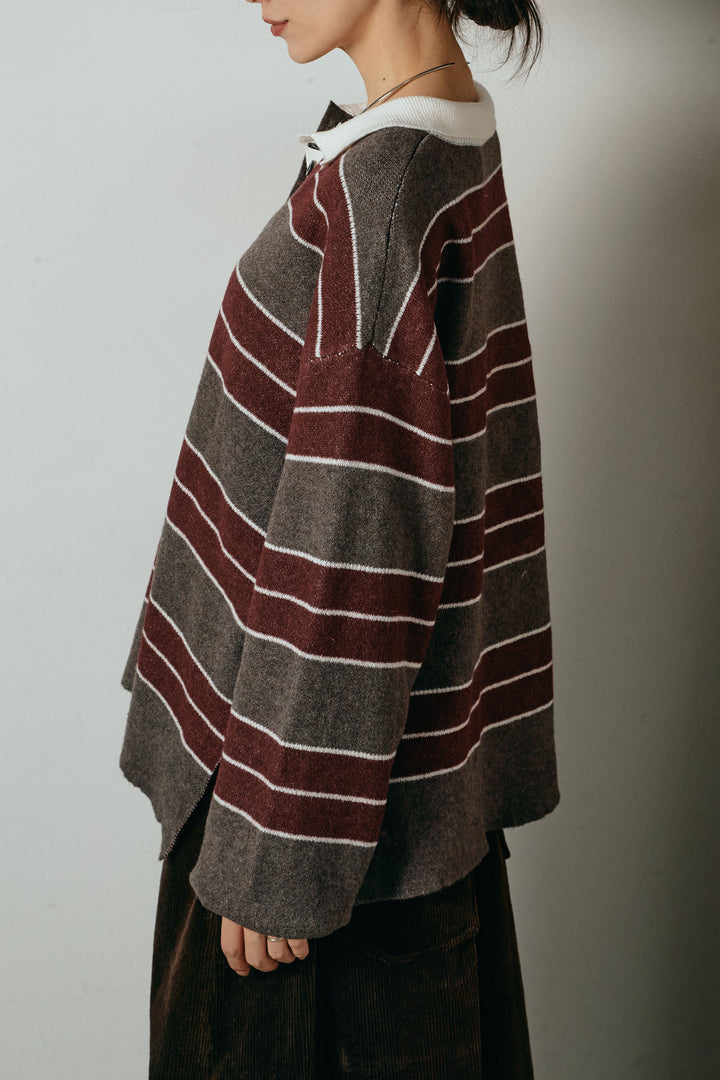 [SET]ラガーニットボーダーポロプルオーバー+ポーチベルト付きコーデュロイワイドスカート(2set)