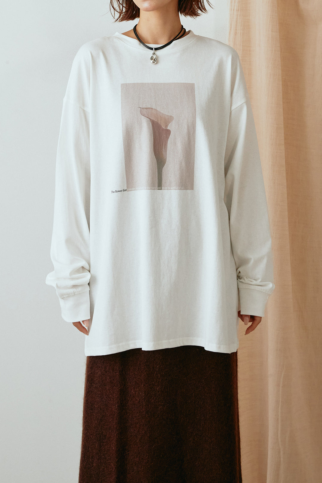 天竺フラワープリントロングTシャツ/ホワイト1