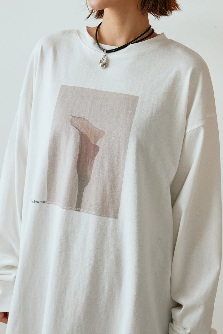 天竺フラワープリントロングTシャツ/ホワイト1