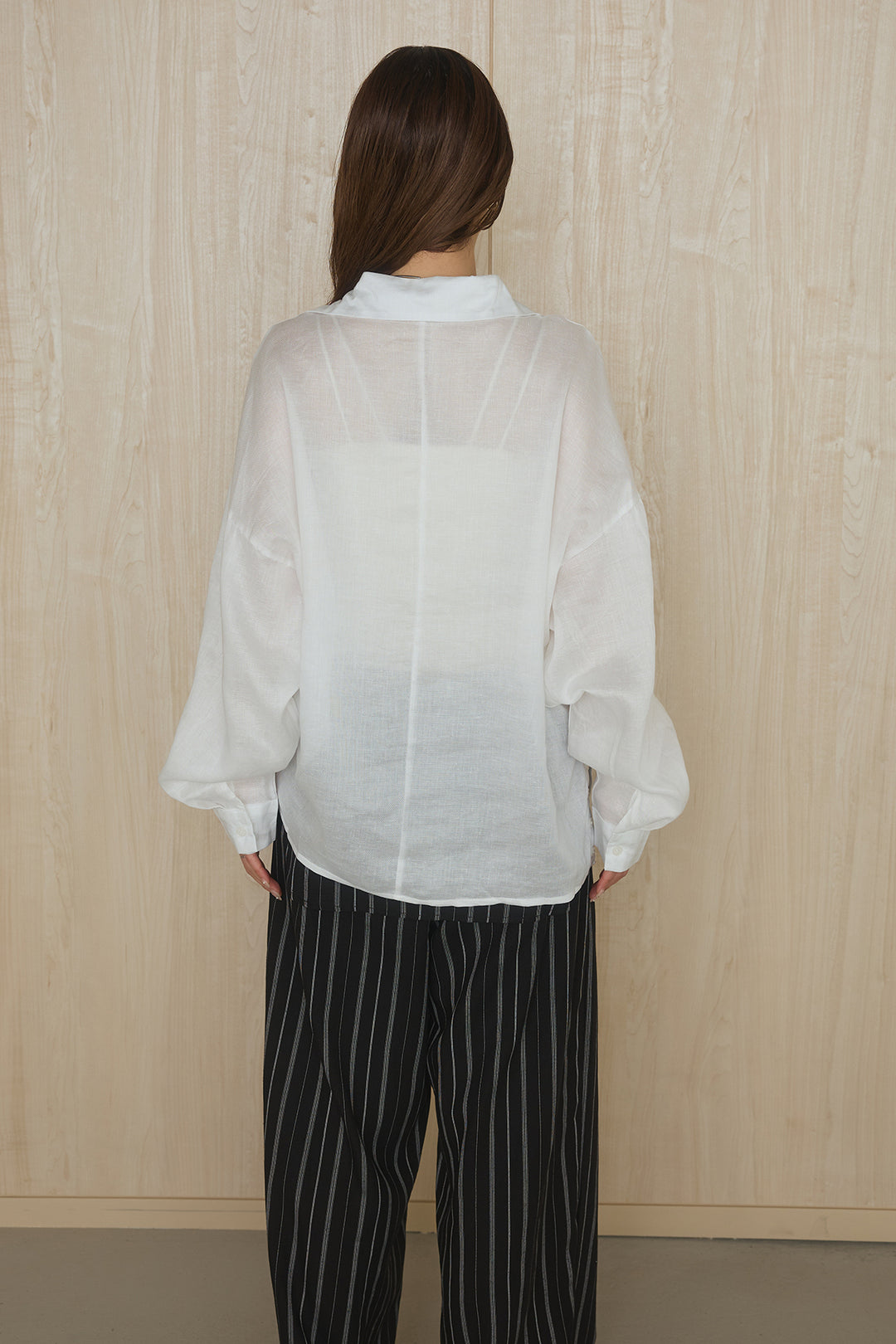 [SET]襟付きボタンブラウス+ウエスト巻きピンストライプパンツ(2set)