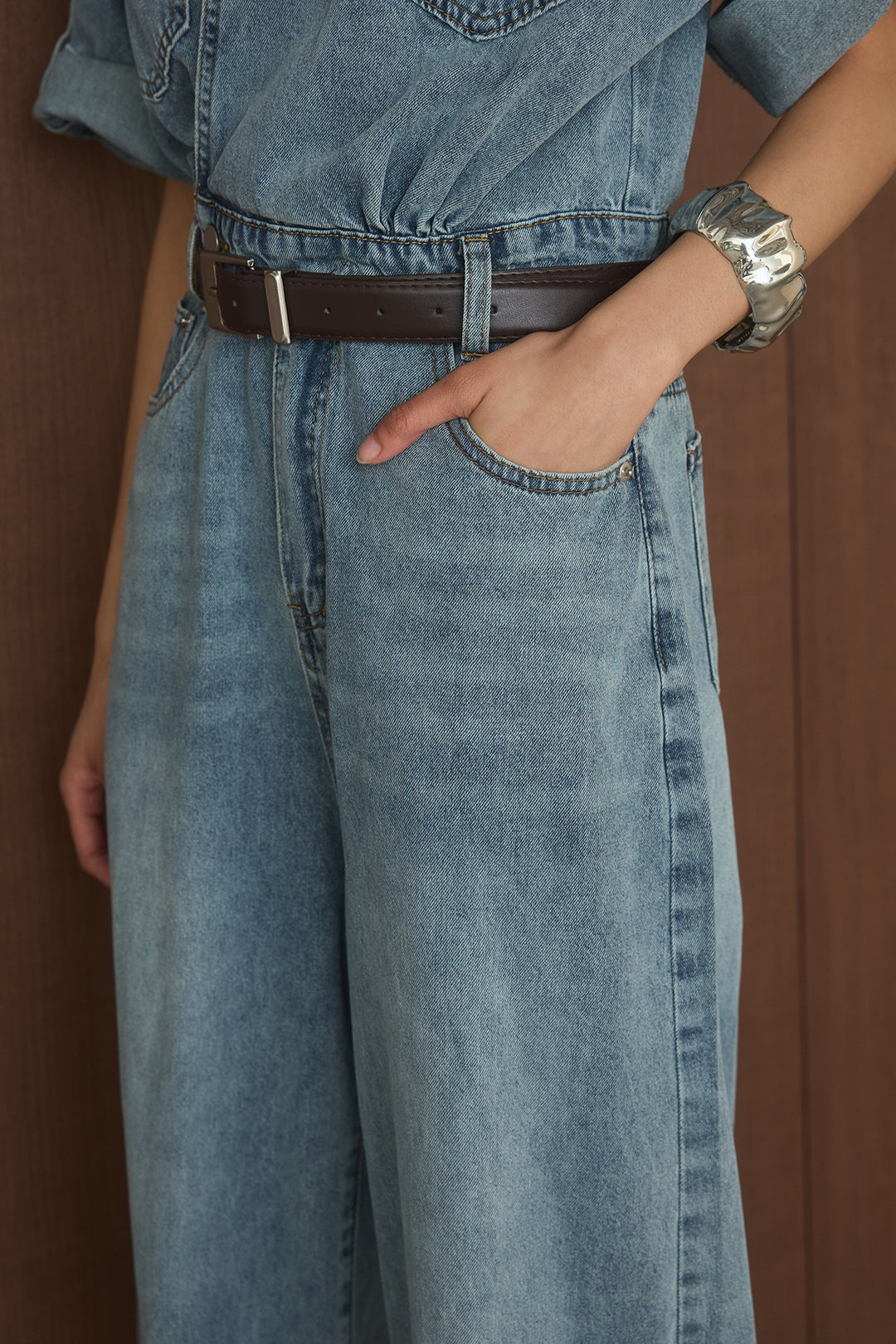 [SET]半袖ベルト付きデニムオールインワン