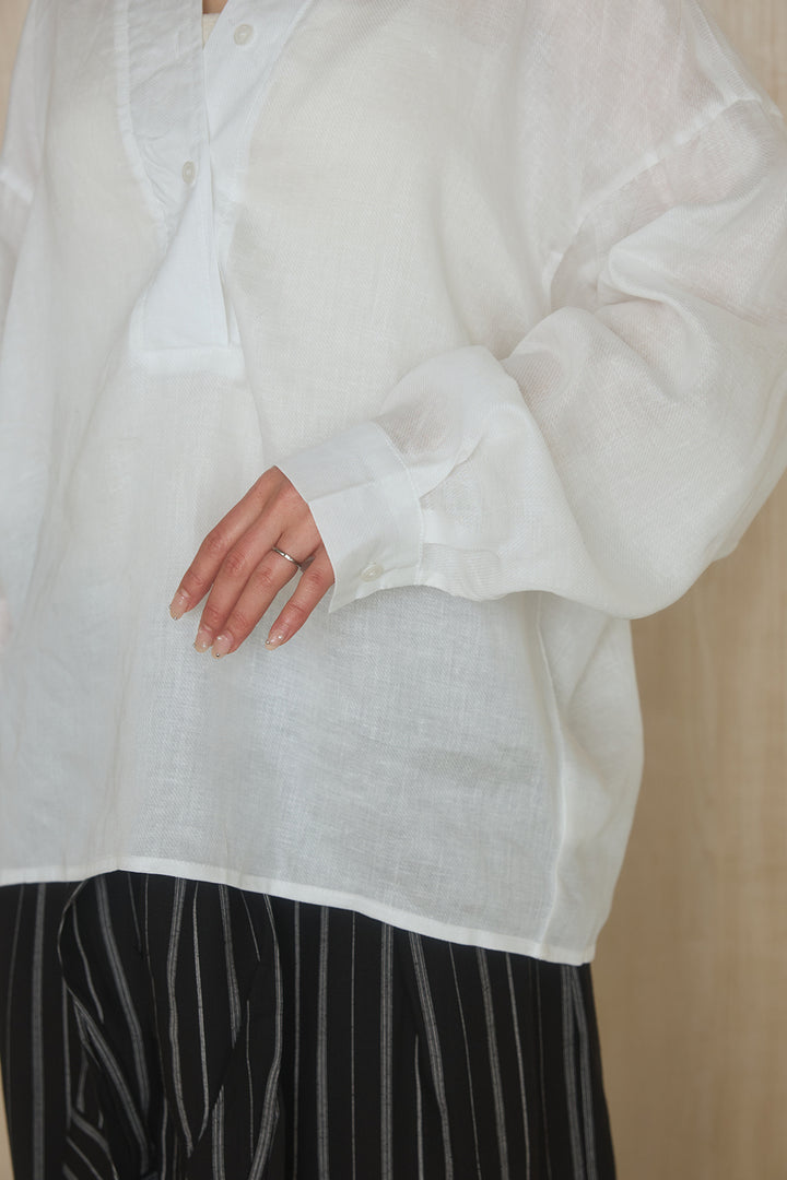 [SET]襟付きボタンブラウス+ウエスト巻きピンストライプパンツ(2set)