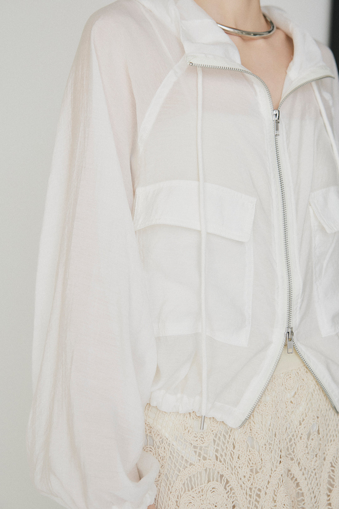 [SET]裾ドロストシアーWジップフーディーブルゾン+ウエスト折り返しワイドパンツ(2set)