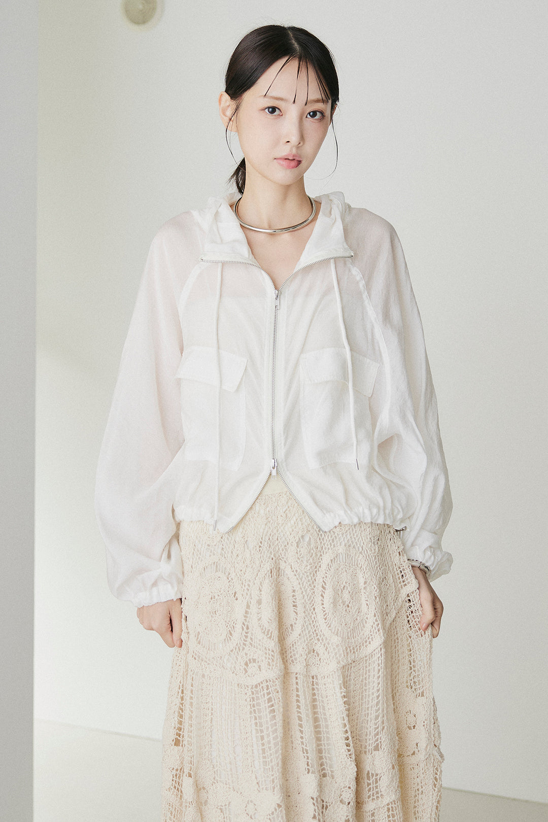 [SET]裾ドロストシアーWジップフーディーブルゾン+ウエスト折り返しワイドパンツ(2set)