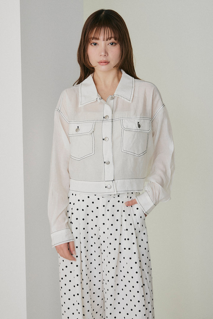 [SET]配色ステッチシアーシャツ+ベルト付きドット柄ワイドパンツ(2set)