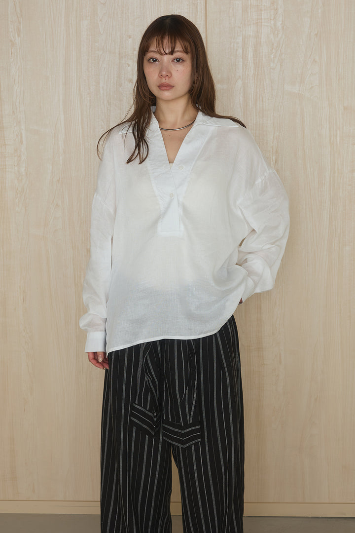 [SET]襟付きボタンブラウス+ウエスト巻きピンストライプパンツ(2set)