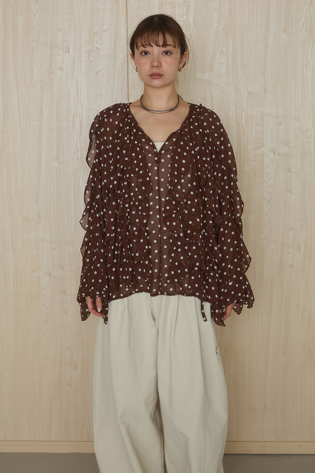 [SET]ドットフリル長袖ブラウス+コットンポリツータックセンターシームカーブパンツ(2set)