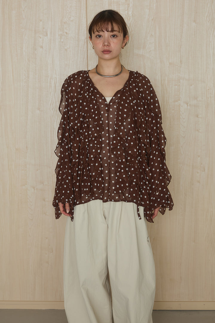 [SET]ドットフリル長袖ブラウス+コットンポリツータックセンターシームカーブパンツ(2set)