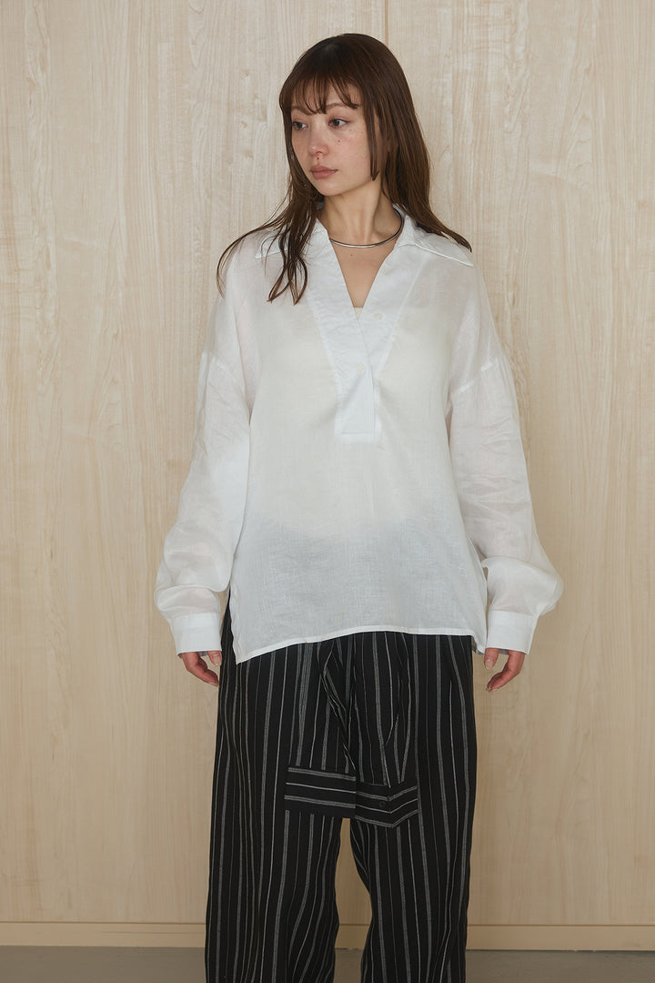 [SET]襟付きボタンブラウス+ウエスト巻きピンストライプパンツ(2set)