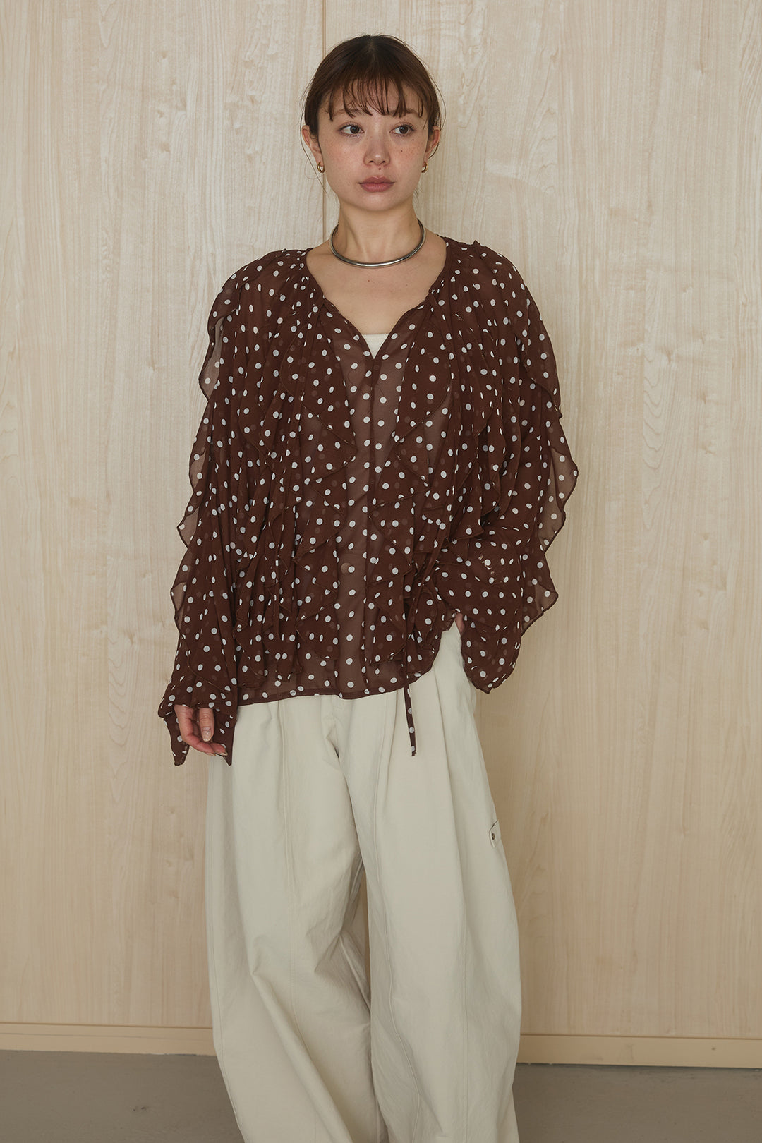 [SET]ドットフリル長袖ブラウス+コットンポリツータックセンターシームカーブパンツ(2set)