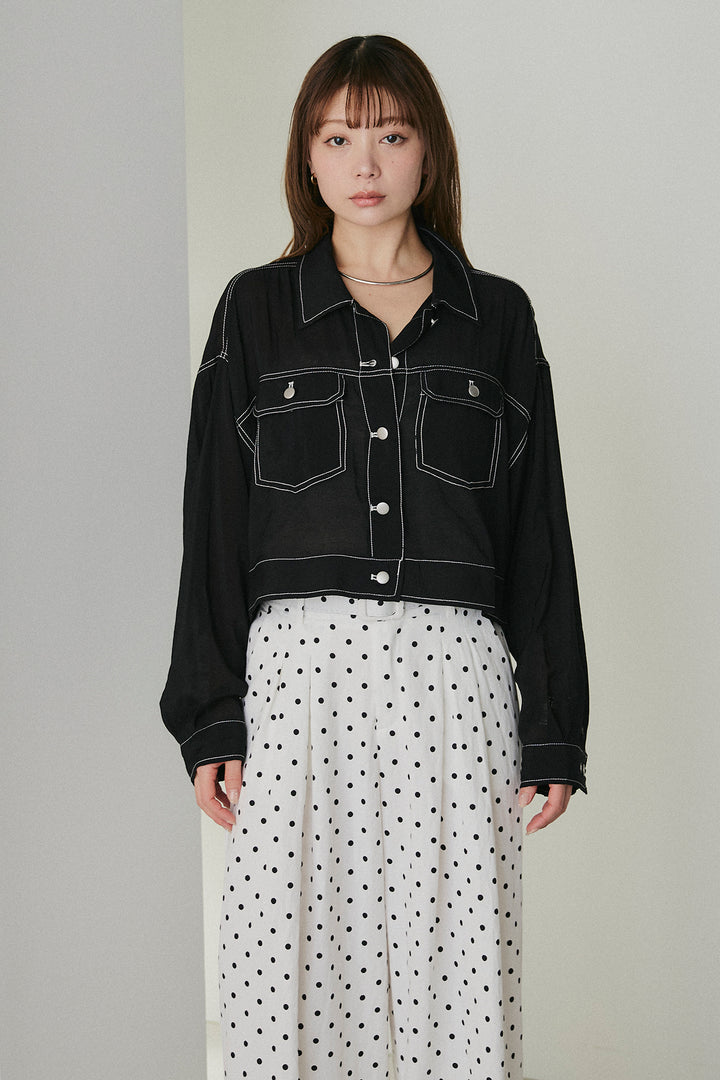 [SET]配色ステッチシアーシャツ+ベルト付きドット柄ワイドパンツ(2set)