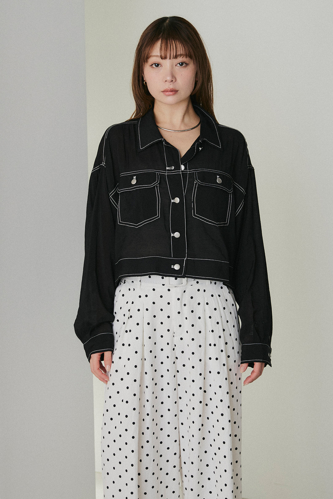 【即納】配色ステッチシアーシャツ