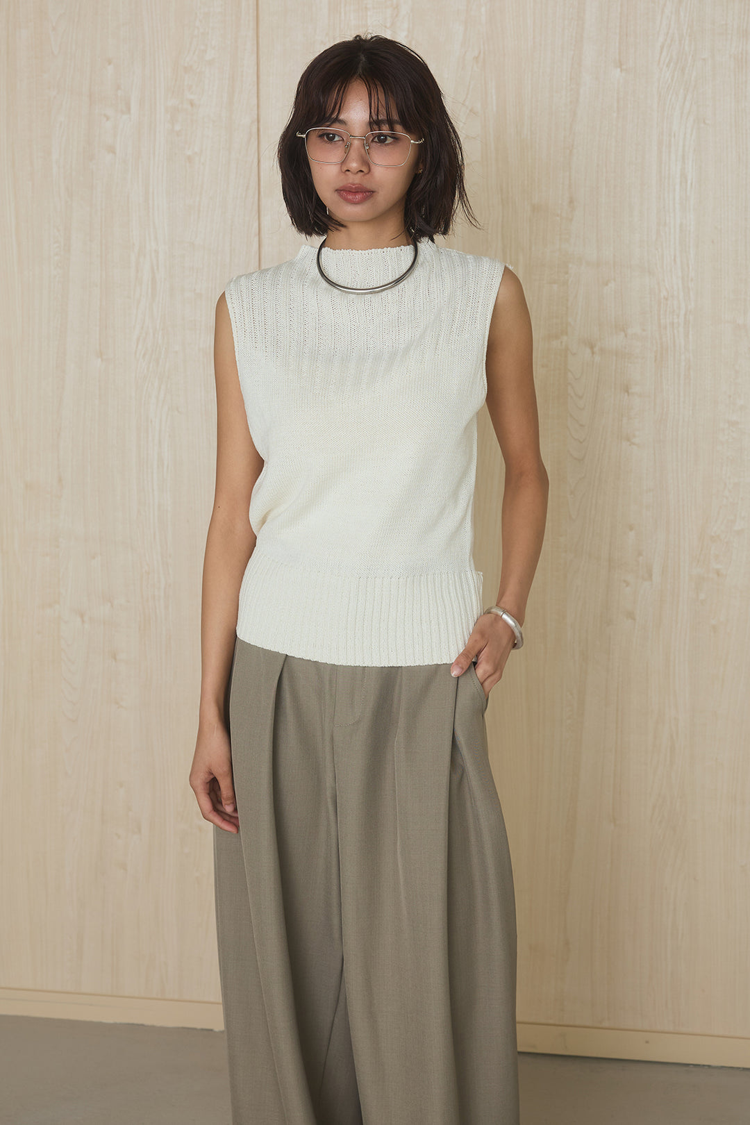 [SET]畔切り替えニットベスト+ウエストデザインタックワイドパンツ(2set)
