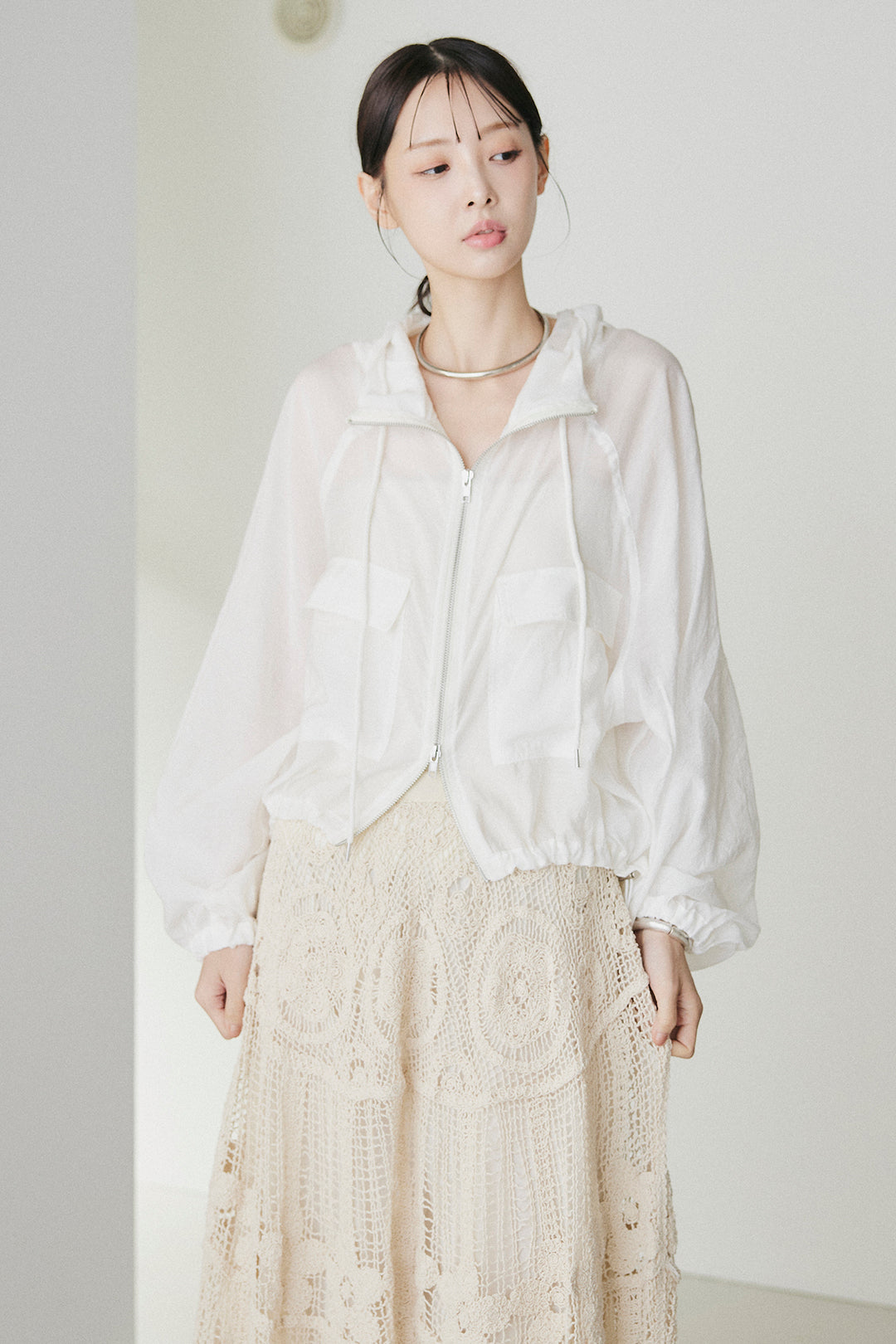 [SET]裾ドロストシアーWジップフーディーブルゾン+ウエスト折り返しワイドパンツ(2set)