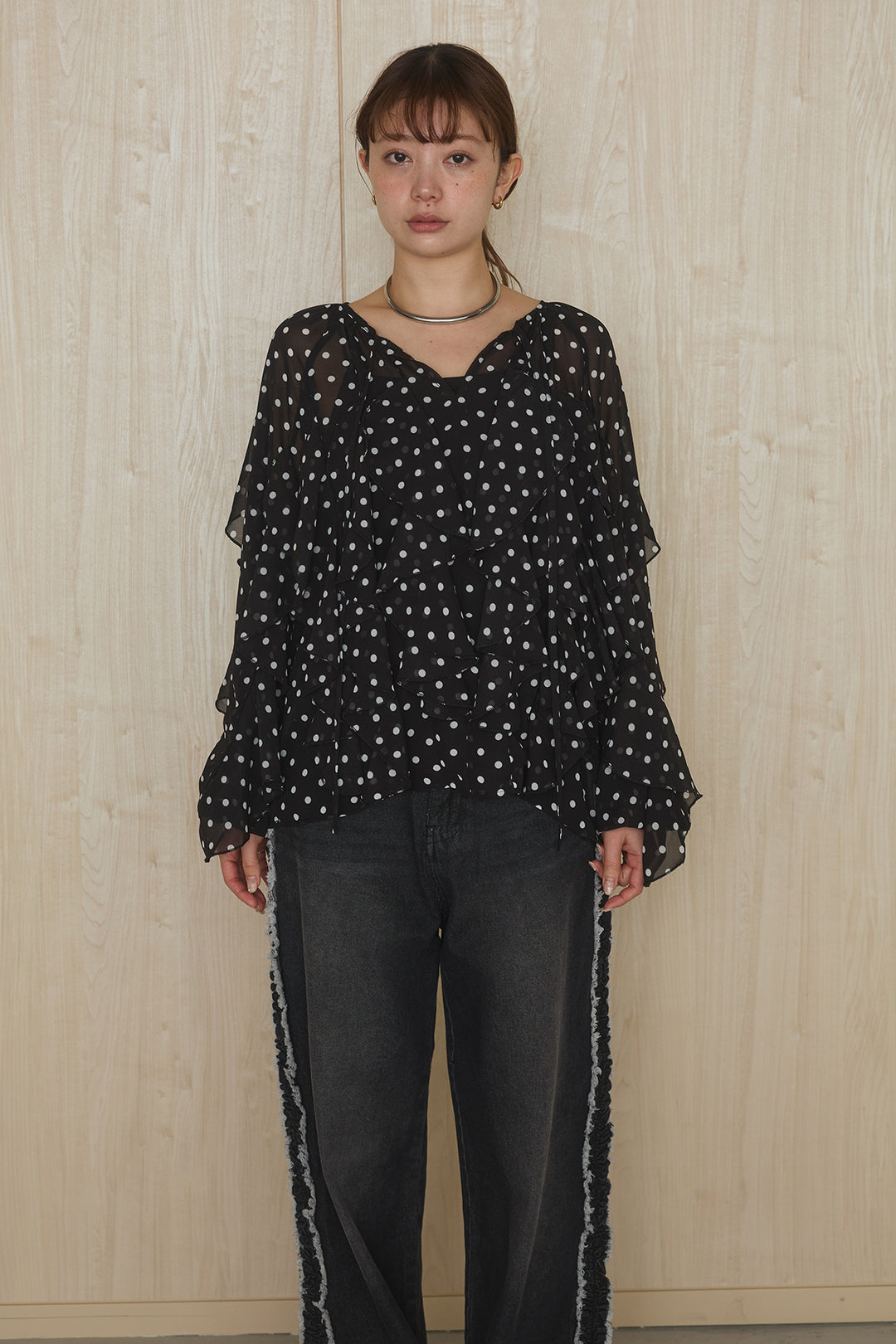 [SET]ドットフリル長袖ブラウス+コットンポリツータックセンターシームカーブパンツ(2set)