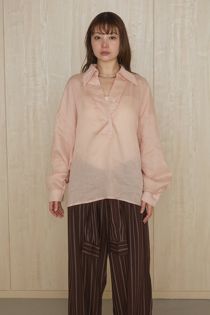 [SET]襟付きボタンブラウス+ウエスト巻きピンストライプパンツ(2set)