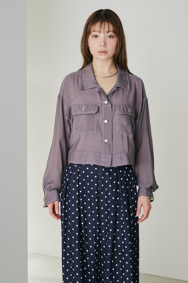 [SET]配色ステッチシアーシャツ+ベルト付きドット柄ワイドパンツ(2set)