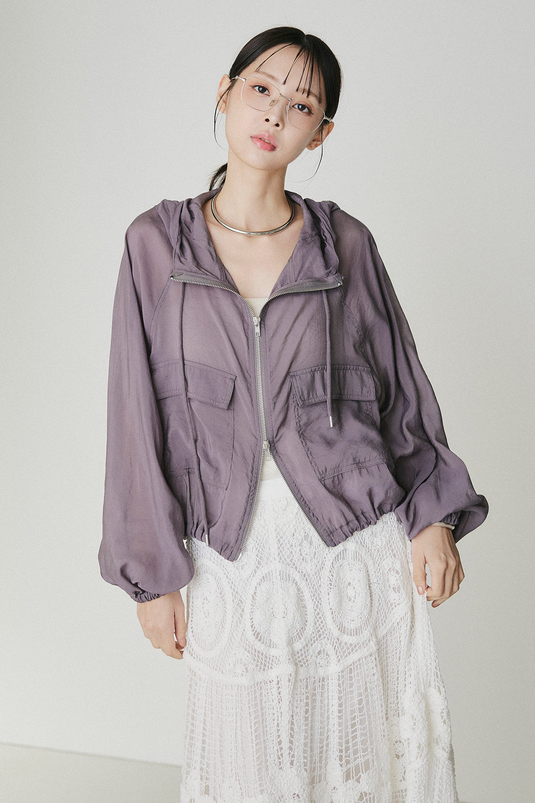 [SET]裾ドロストシアーWジップフーディーブルゾン+ウエスト折り返しワイドパンツ(2set)