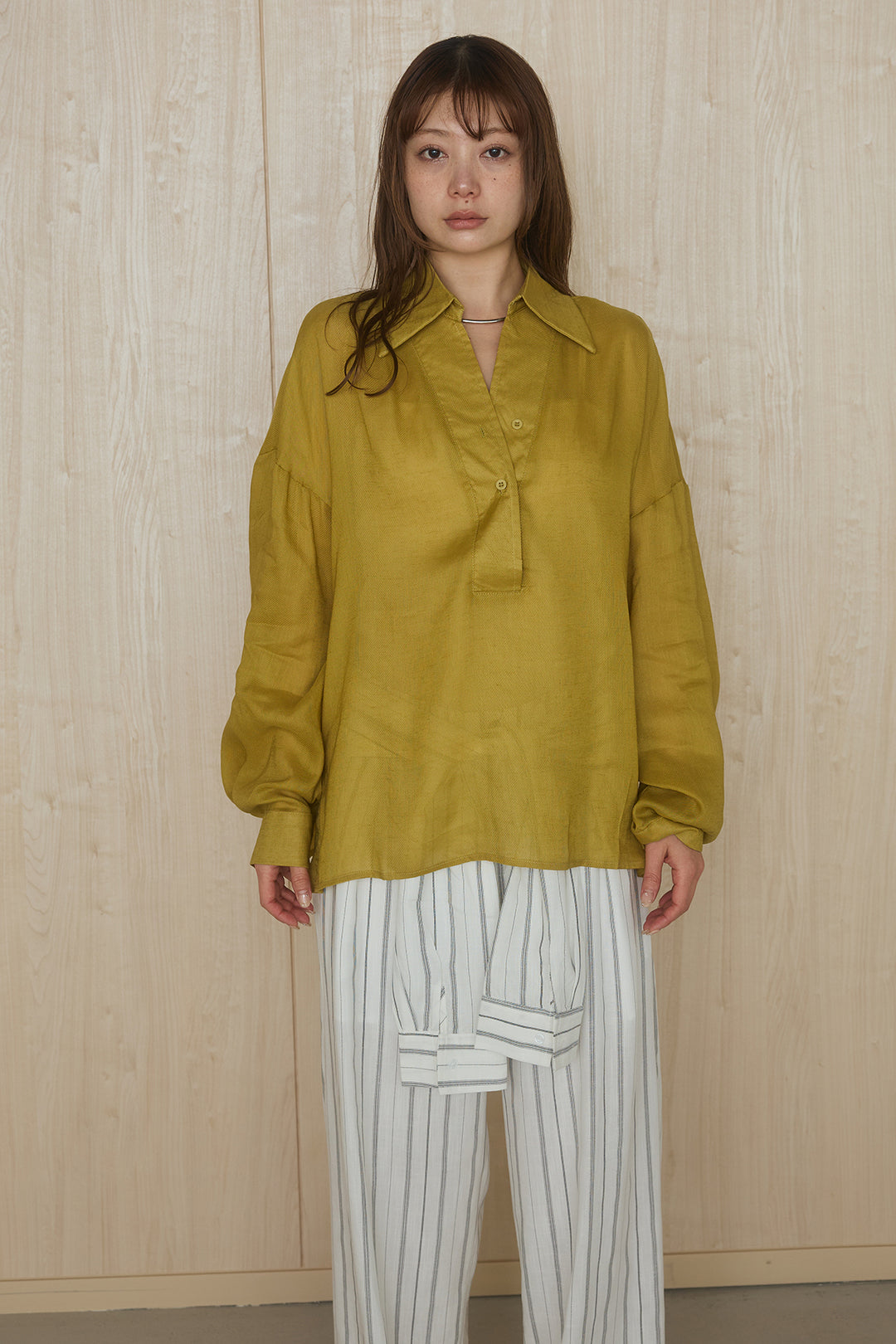 [SET]襟付きボタンブラウス+ウエスト巻きピンストライプパンツ(2set)