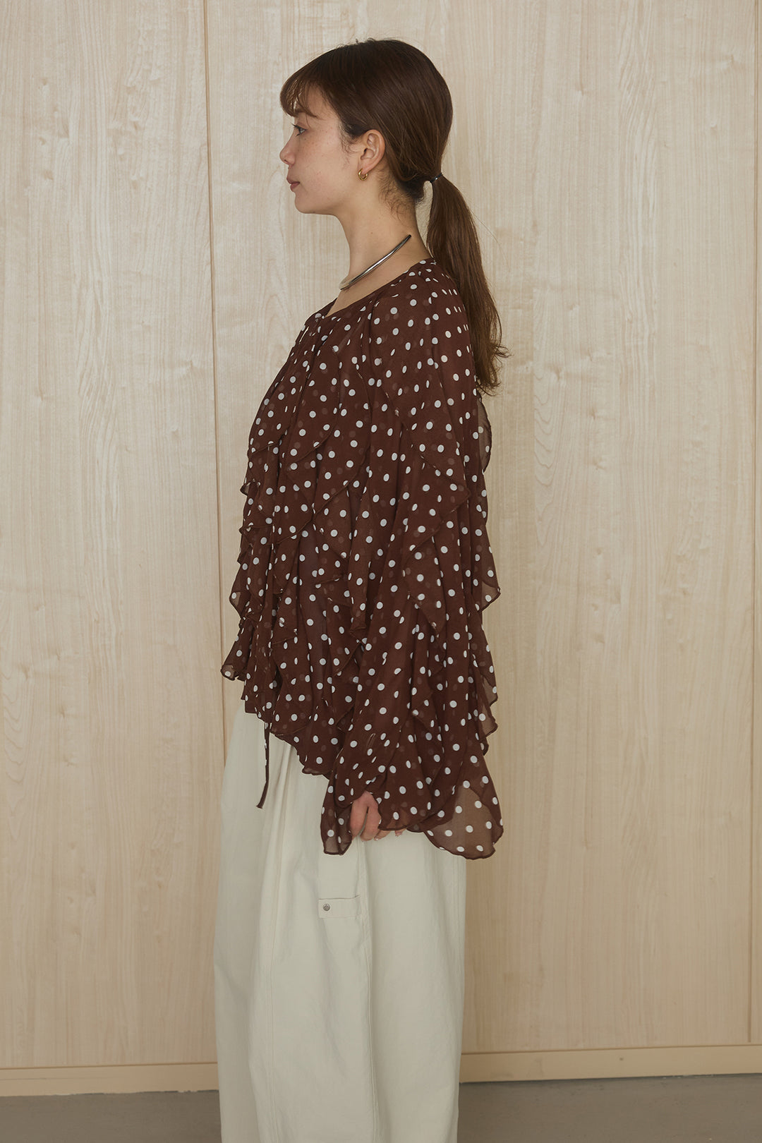 [SET]ドットフリル長袖ブラウス+コットンポリツータックセンターシームカーブパンツ(2set)