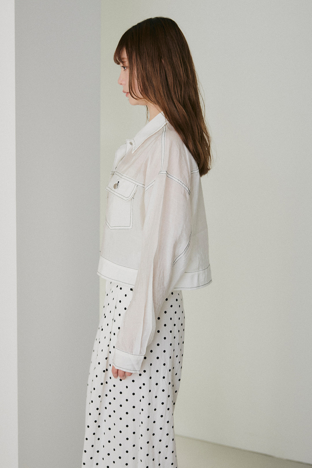 [SET]配色ステッチシアーシャツ+ベルト付きドット柄ワイドパンツ(2set)