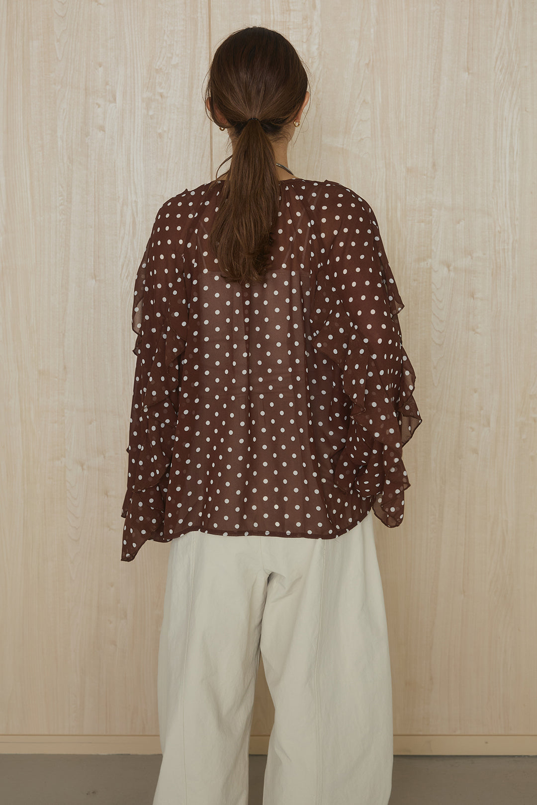 [SET]ドットフリル長袖ブラウス+コットンポリツータックセンターシームカーブパンツ(2set)