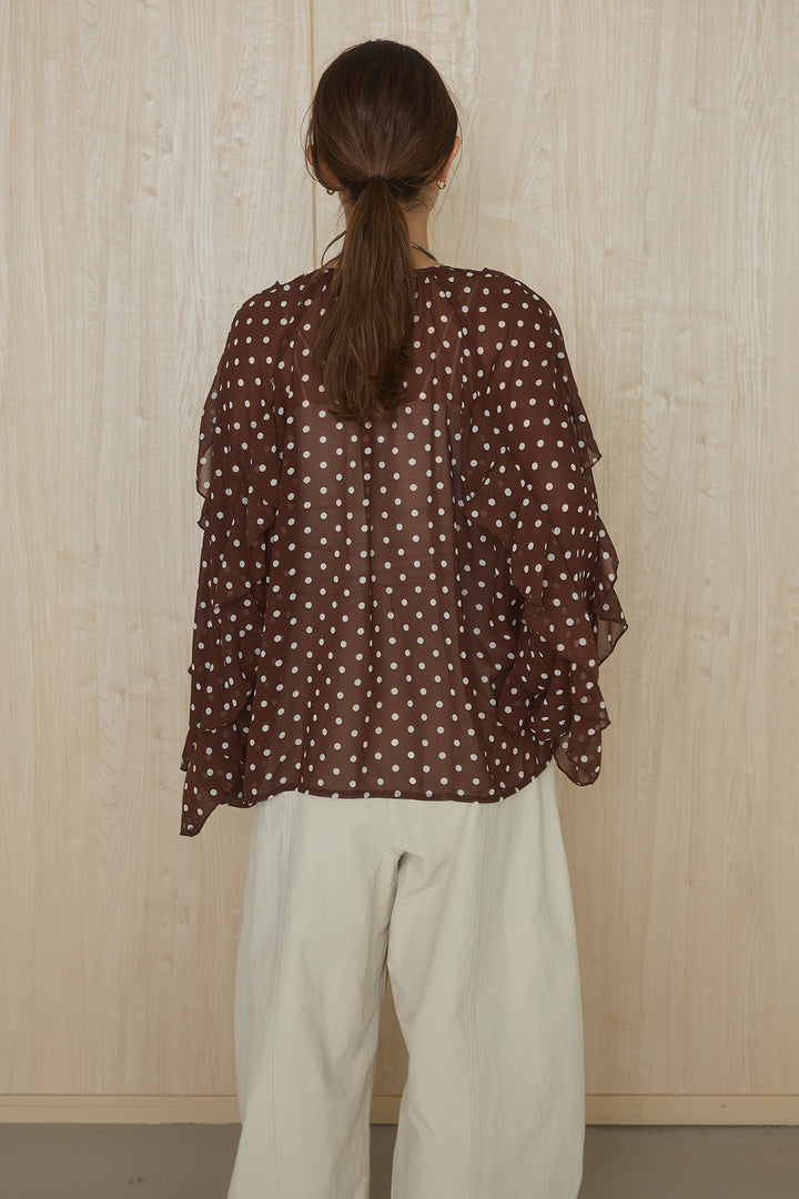 [SET]ドットフリル長袖ブラウス+コットンポリツータックセンターシームカーブパンツ(2set)