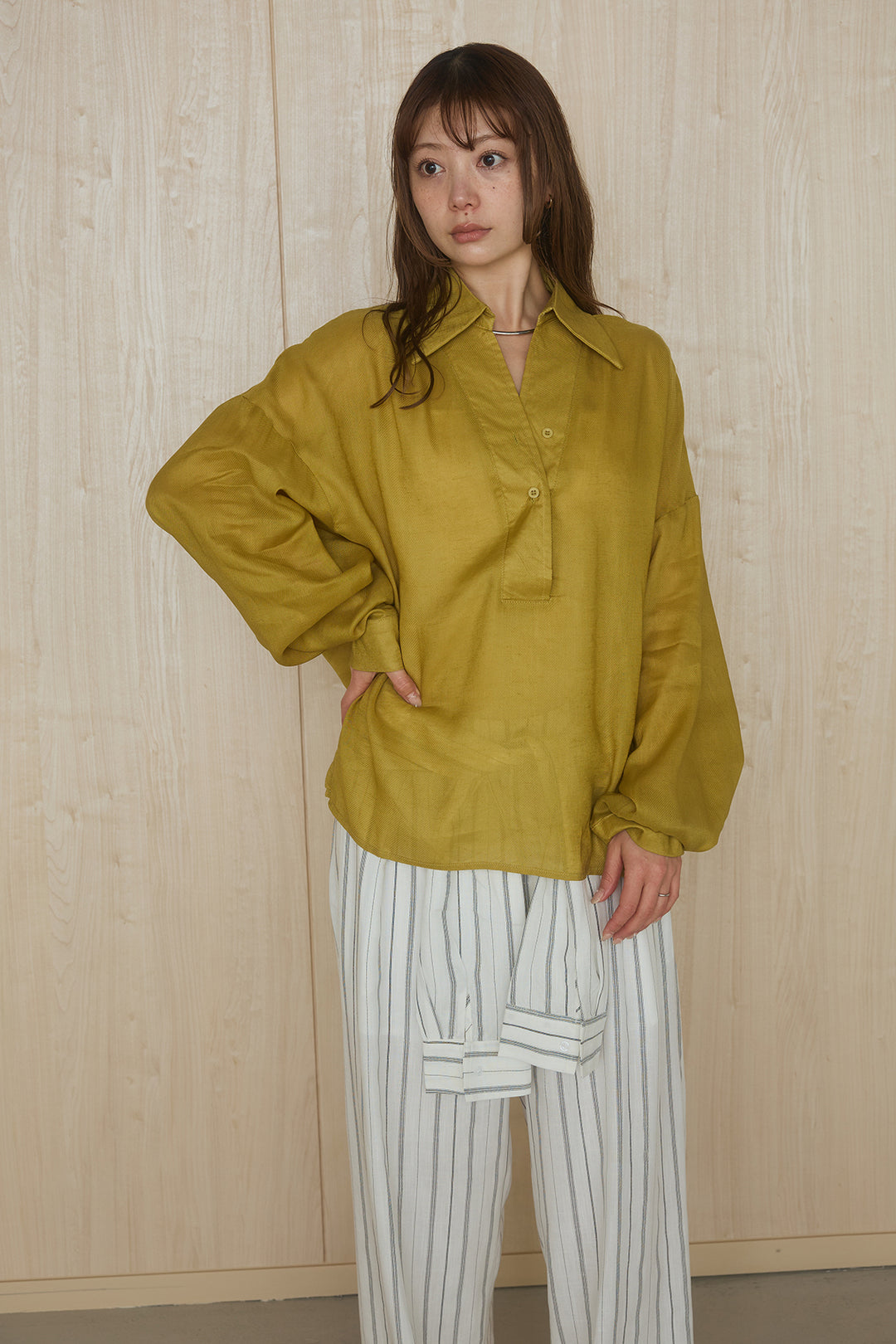 [SET]襟付きボタンブラウス+ウエスト巻きピンストライプパンツ(2set)