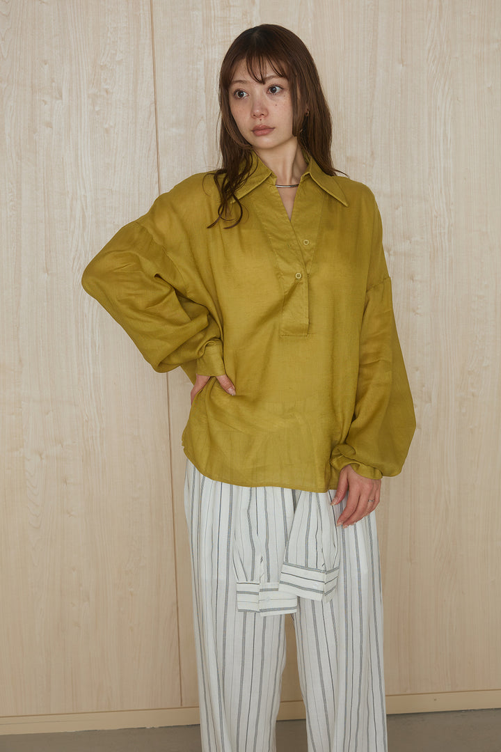 [SET]襟付きボタンブラウス+ウエスト巻きピンストライプパンツ(2set)